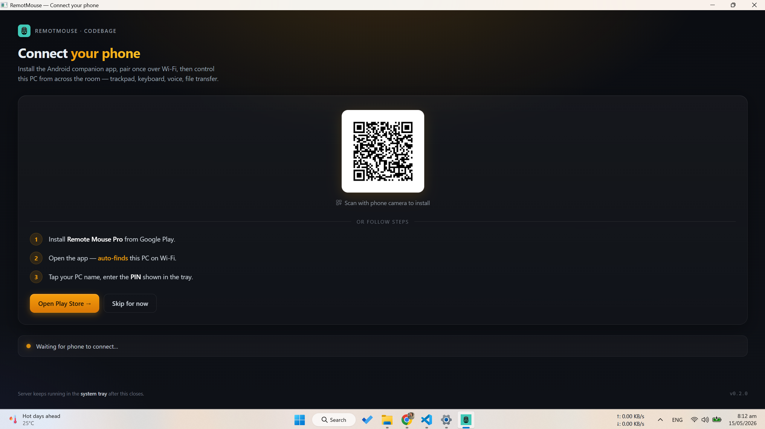 Remote Mouse Pro server â€” first-run companion window